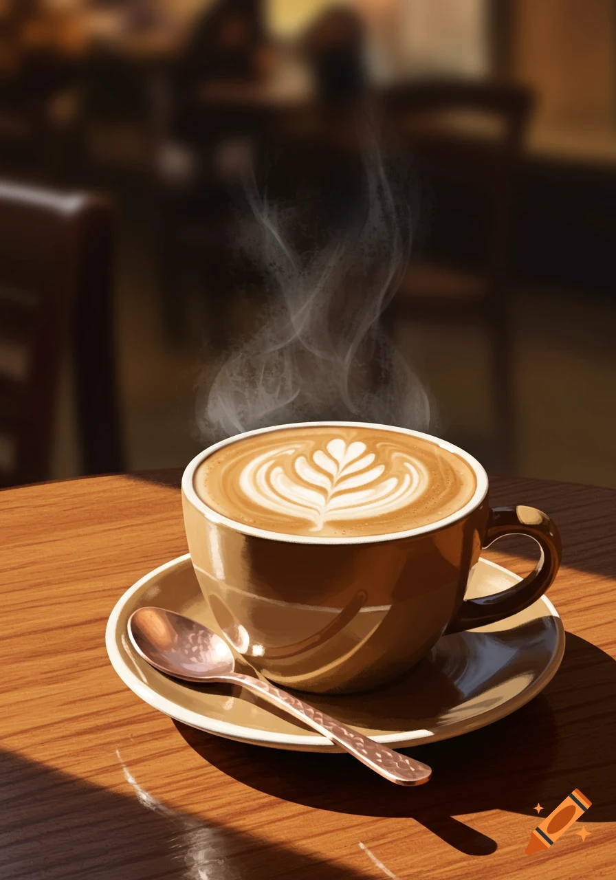 A steaming cup of cappuccino with elaborate latte art on a wooden table, in a cafe setting, artistic illustration.