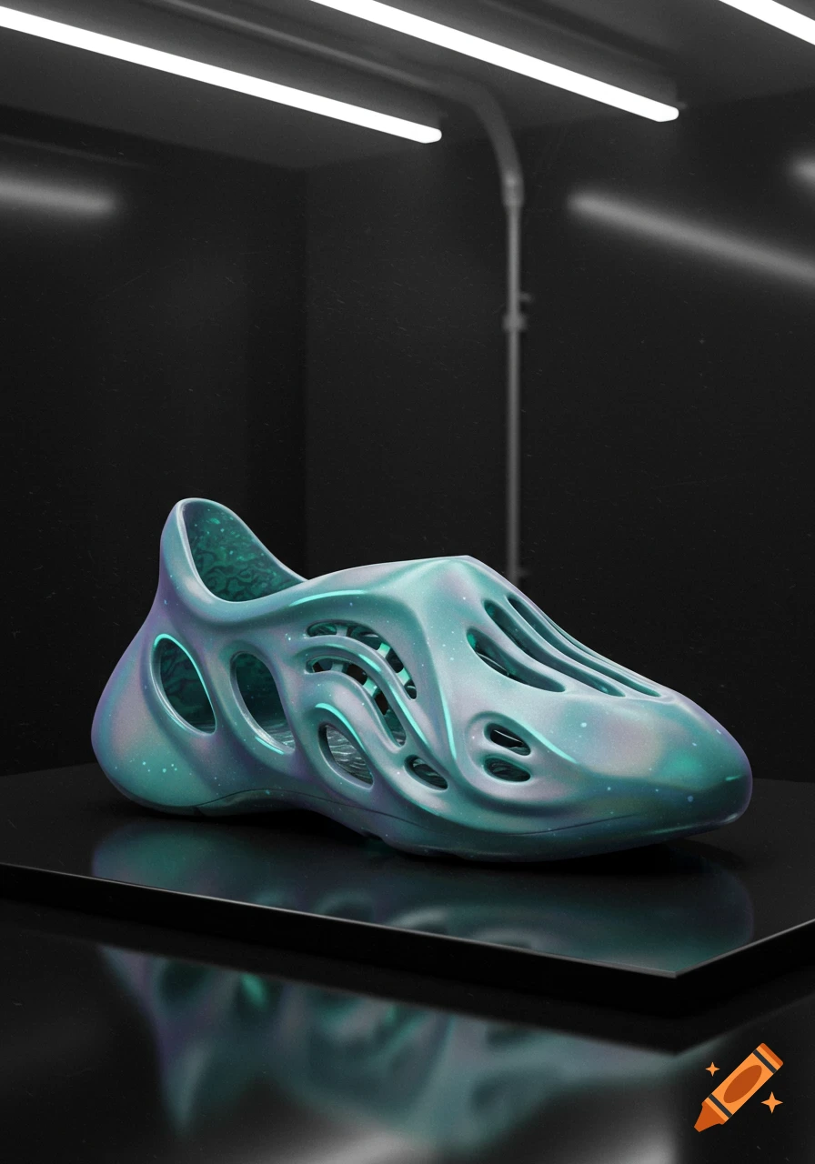 A futuristic, iridescent teal and purple foam slip-on shoe with organic cutouts, displayed on a black surface under bright strip lights.