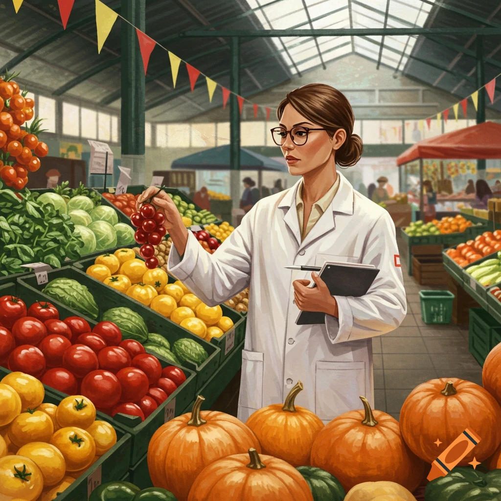 A female food inspector in a white lab coat holds up a bunch of grapes while inspecting produce at a vibrant market stall.