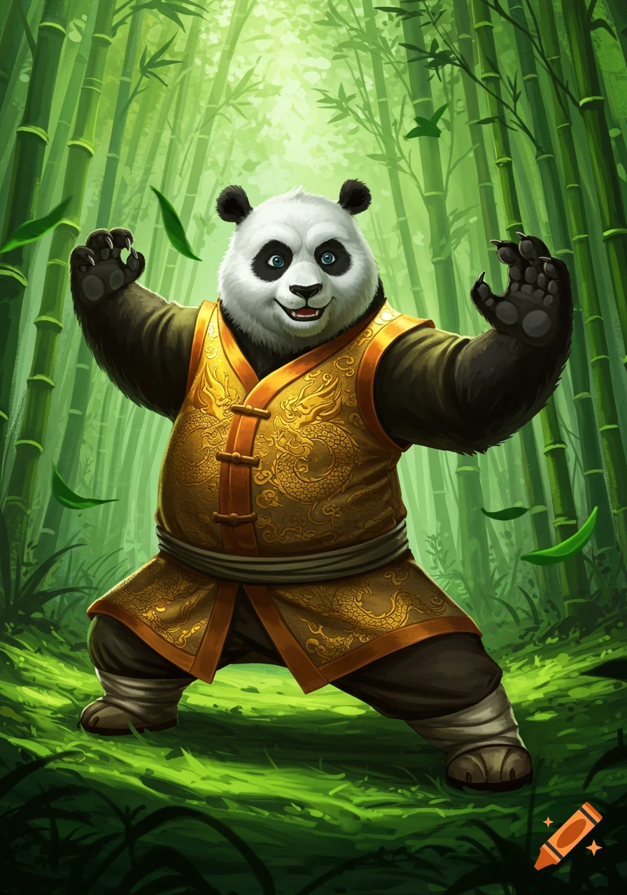A smiling cartoon panda in a gold martial arts uniform strikes a kung fu pose in a vibrant bamboo forest.