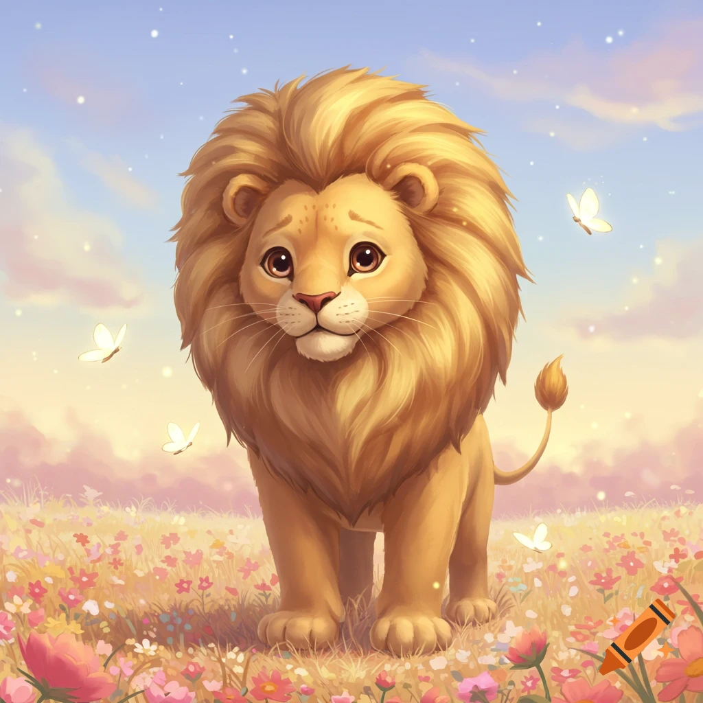 A cute, fluffy-maned lion with big eyes stands in a vibrant field of colorful flowers under a pastel sky, with white butterflies fluttering around it.