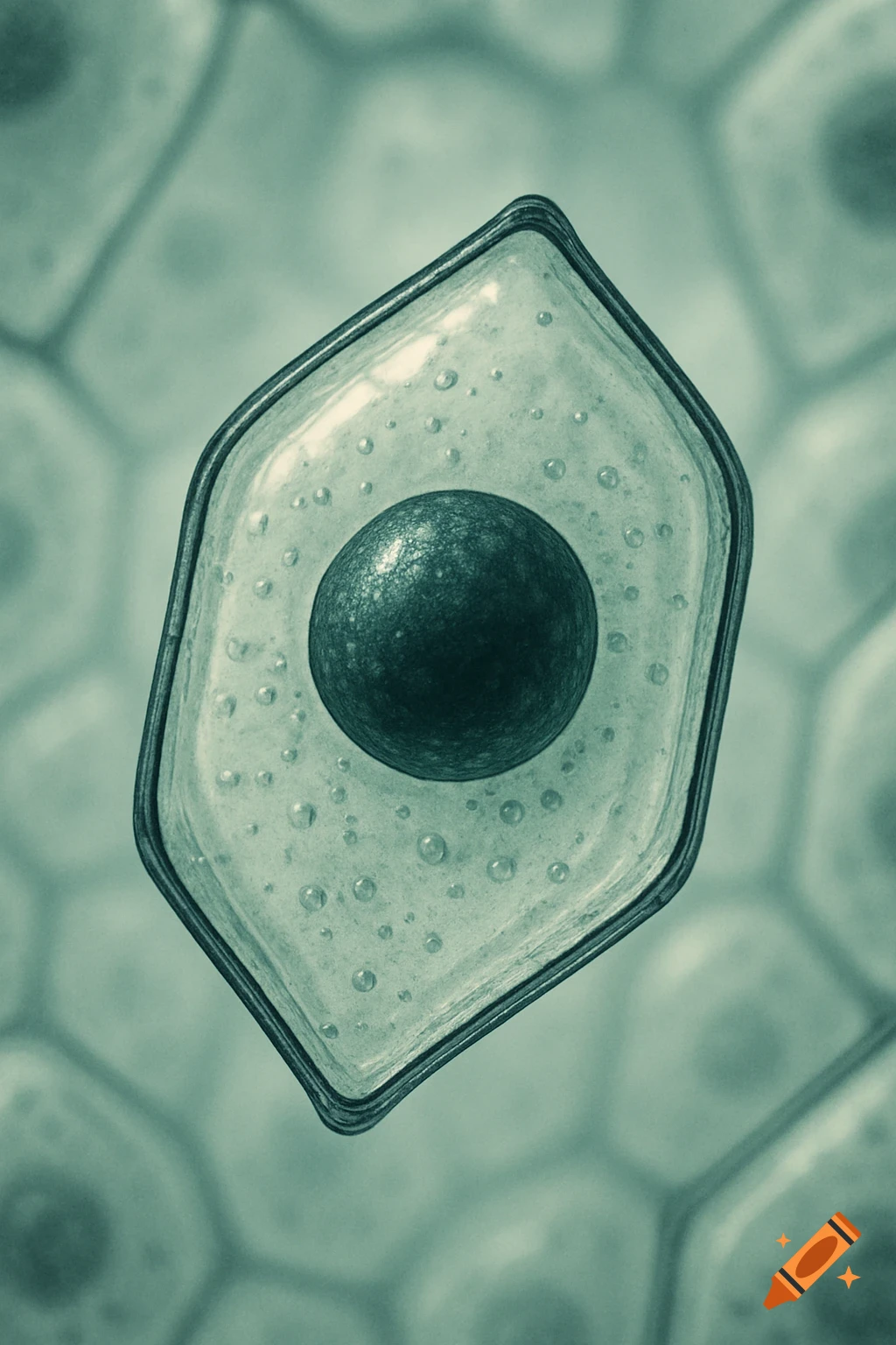 Close-up microscopic view of a single plant cell with a dark nucleus, transparent cytoplasm, and a distinct outer membrane.