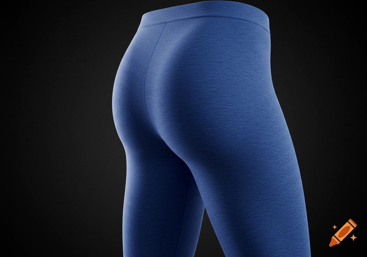 Photorealistic close-up of a person from behind wearing form-fitting, heathered blue leggings with a visible seam on a black background.
