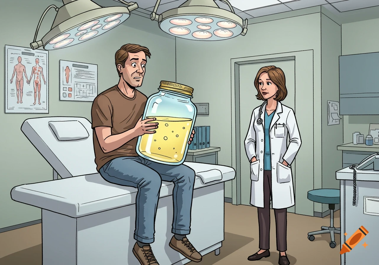 A man on an exam table holds a giant jar of yellow liquid, looking concerned at a female doctor in a white coat. Comic style.