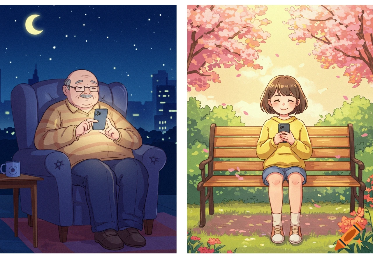 A cartoon split image shows an elderly man in a chair at night, and a young girl on a park bench during the day, both looking at their smartphones.