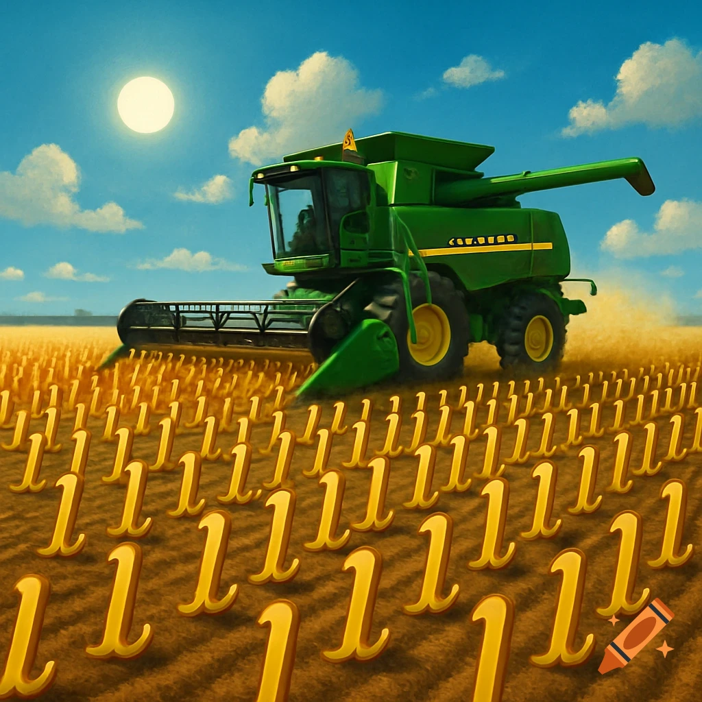 A green John Deere combine harvests a field of golden 'l' letters under a bright sun and blue sky.