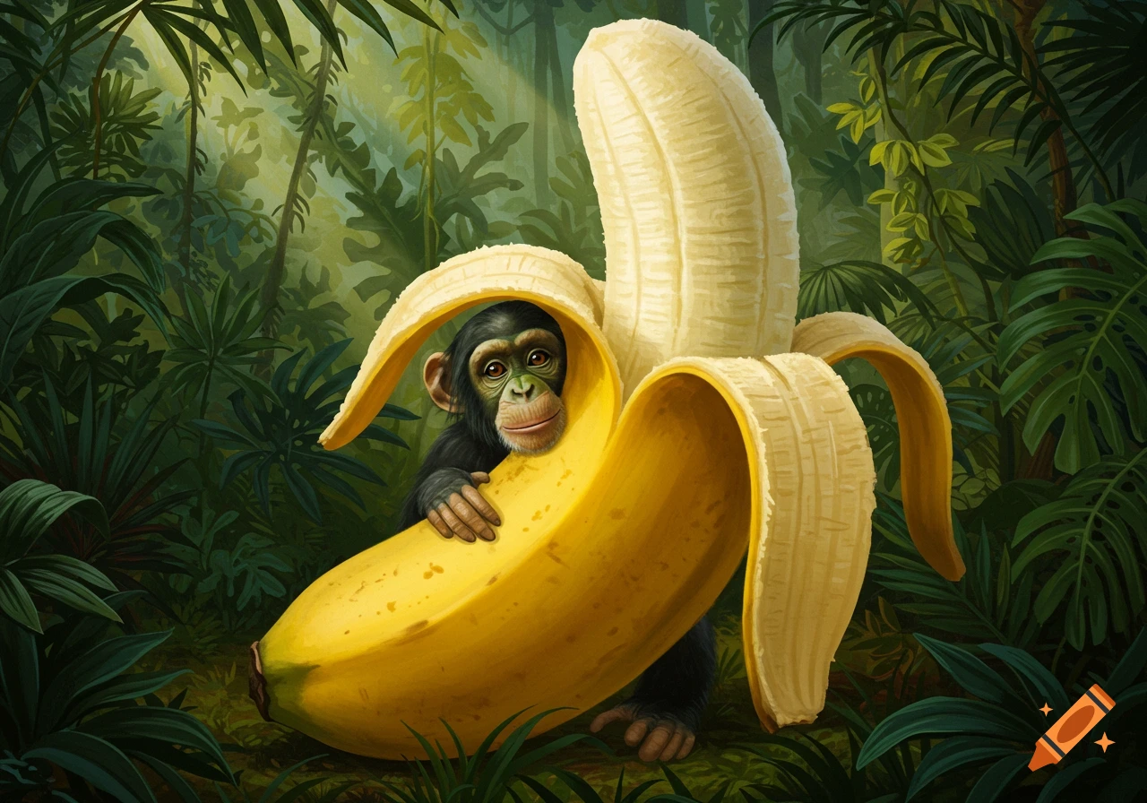 A cute baby chimpanzee peeking out from inside a giant peeled banana in a lush jungle setting.