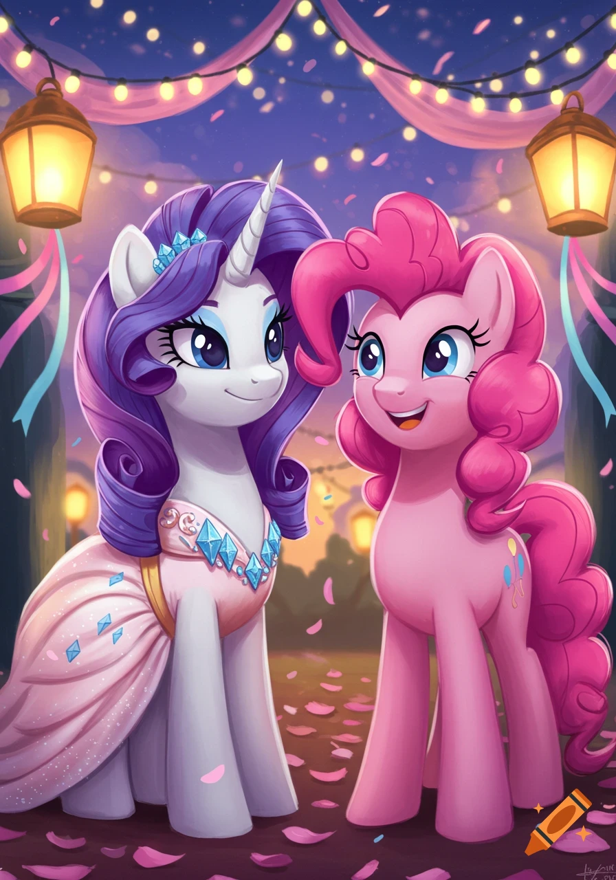 My Little Pony's Rarity and Pinkie Pie smiling at a festive night with lanterns and falling petals.
