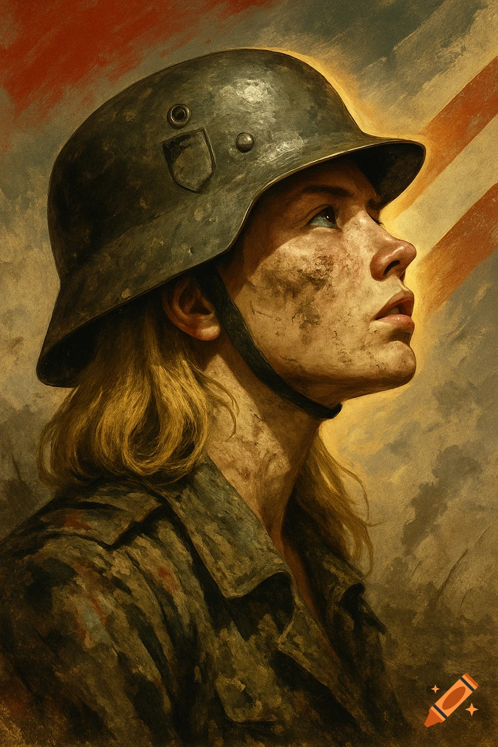 Painterly propaganda-style portrait of a blonde woman soldier in a German WWII helmet, face streaked with dirt, looking upwards.