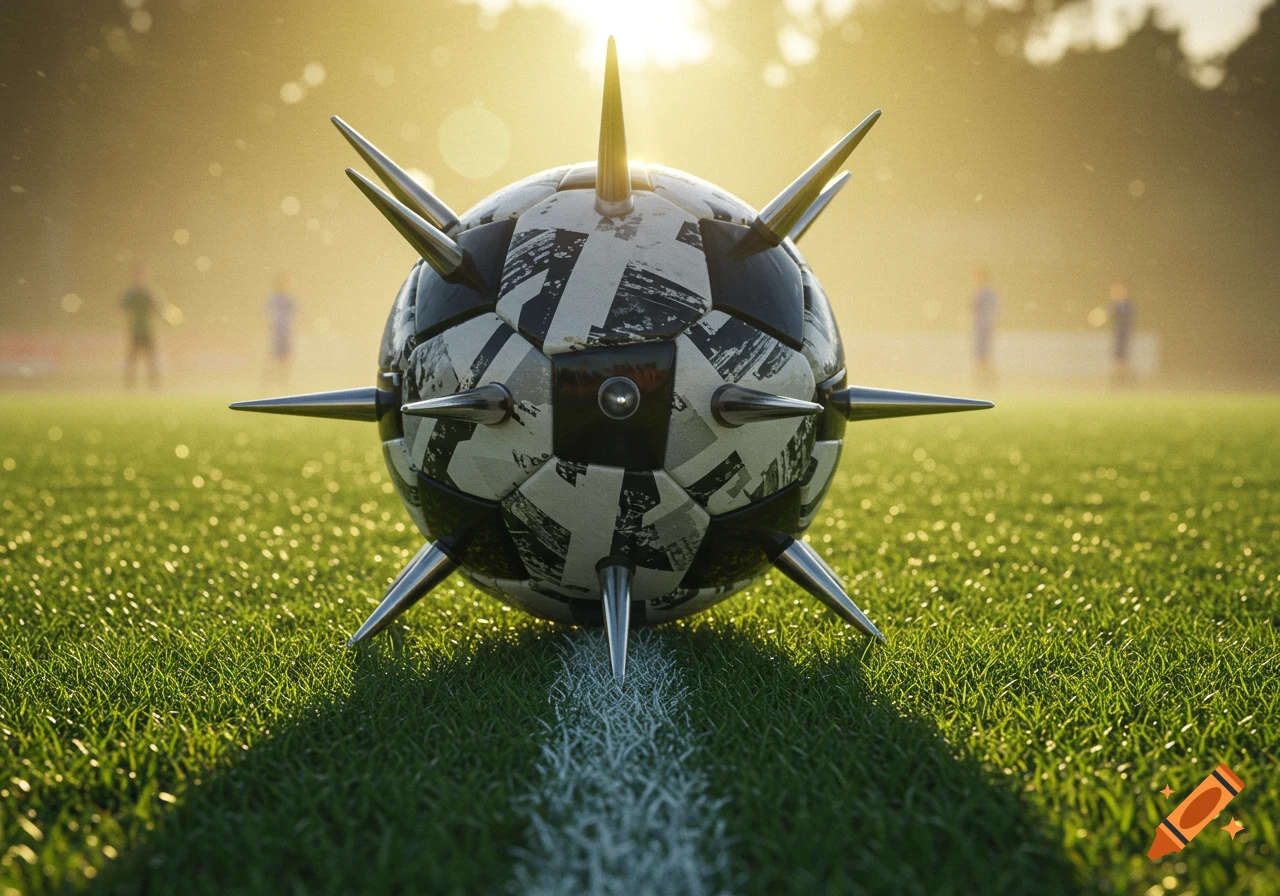 A photorealistic spiked soccer ball sits on a green field under golden sunlight, with blurred figures in the background.