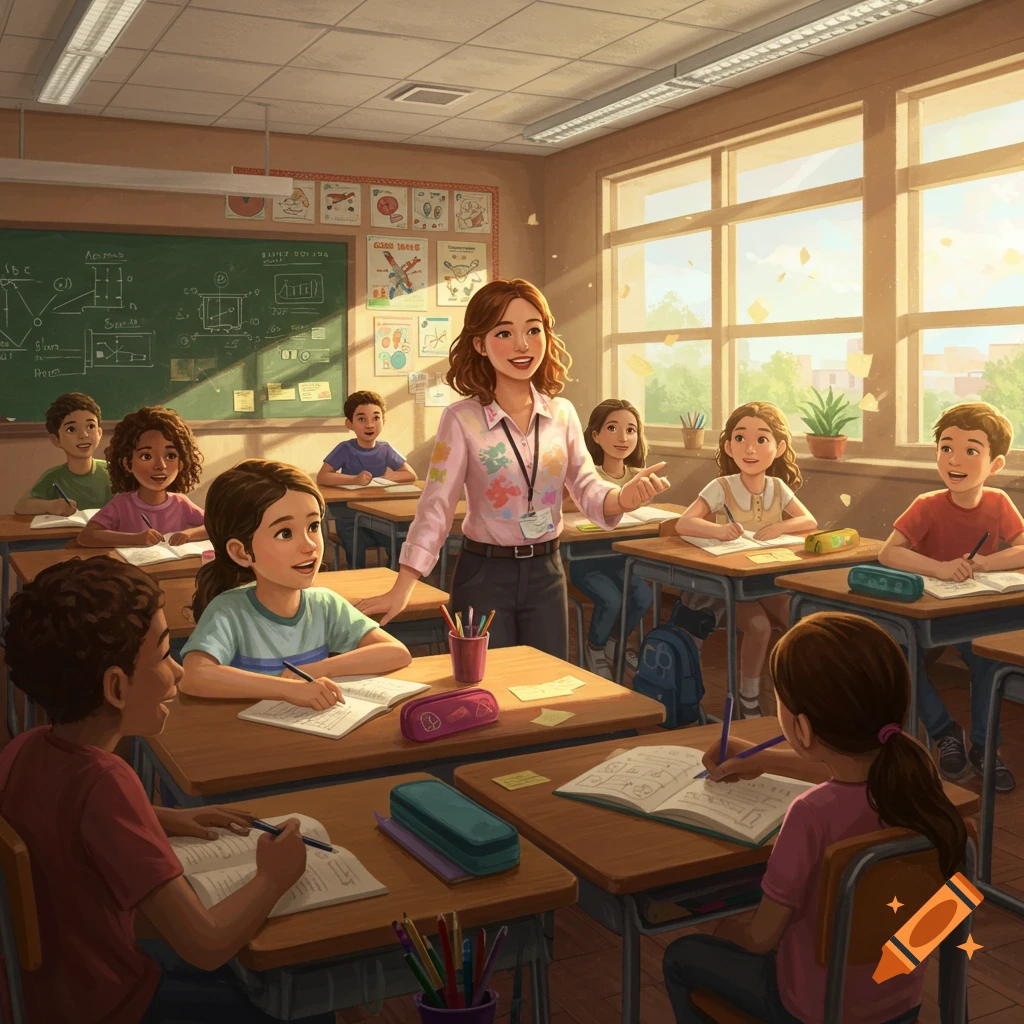 An animated illustration of a smiling teacher in a pink floral shirt standing in a sunny classroom among diverse young students writing at their desks.
