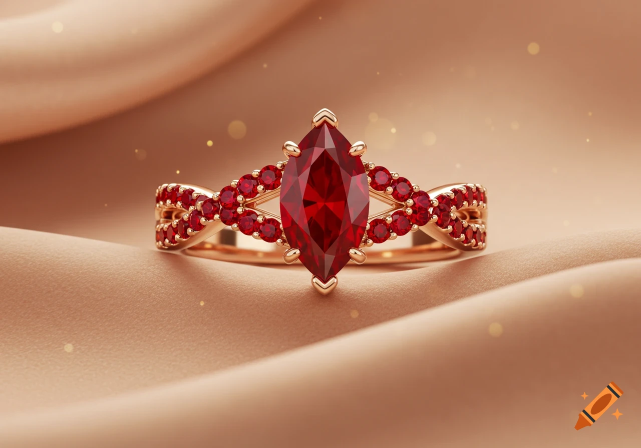 A close-up of a rose gold twisted ring featuring a marquise-cut ruby center stone and small round rubies set on a soft beige fabric.