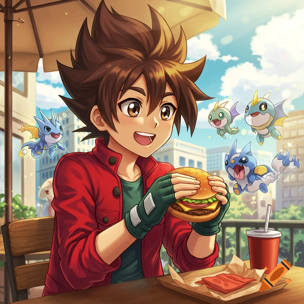 Anime style Dan Kuso from Bakugan eats a hamburger outdoors, surrounded by small, colorful flying fantasy creatures.