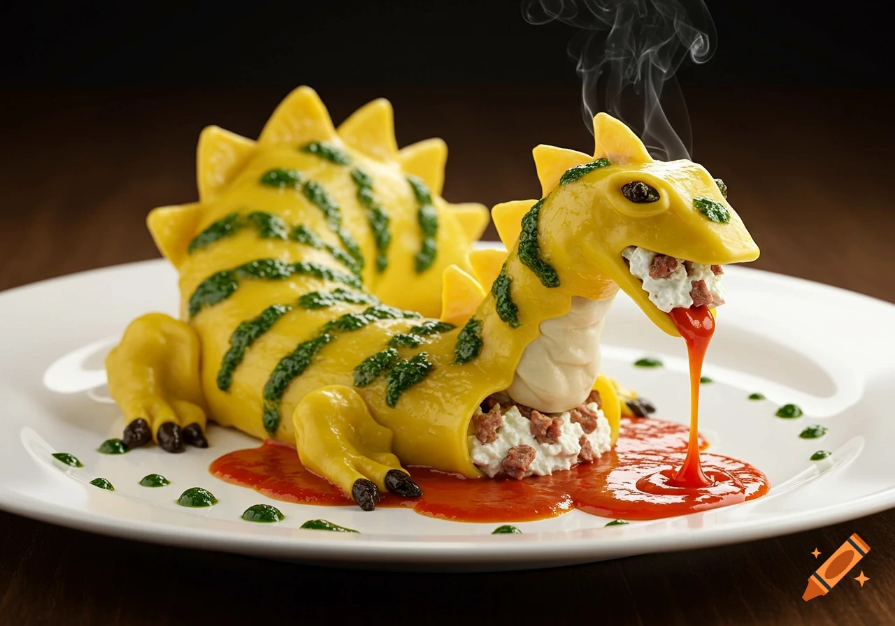 A photorealistic close-up of a yellow dragon-shaped cannelloni pasta dish with green pesto stripes, spewing ricotta and red sauce.