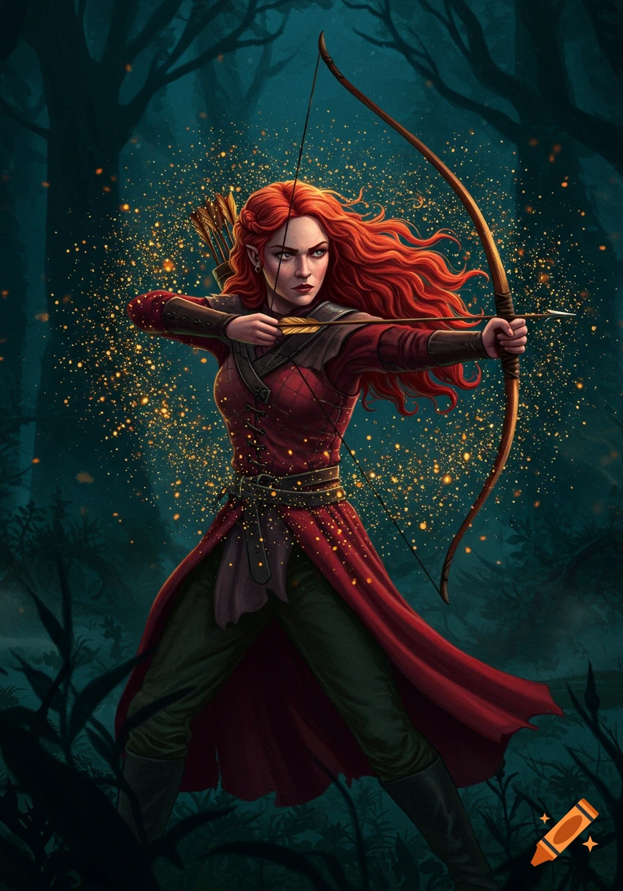 A red-haired fantasy archer with pointed ears aims a bow in a dark, glittering forest, in an illustrative style.