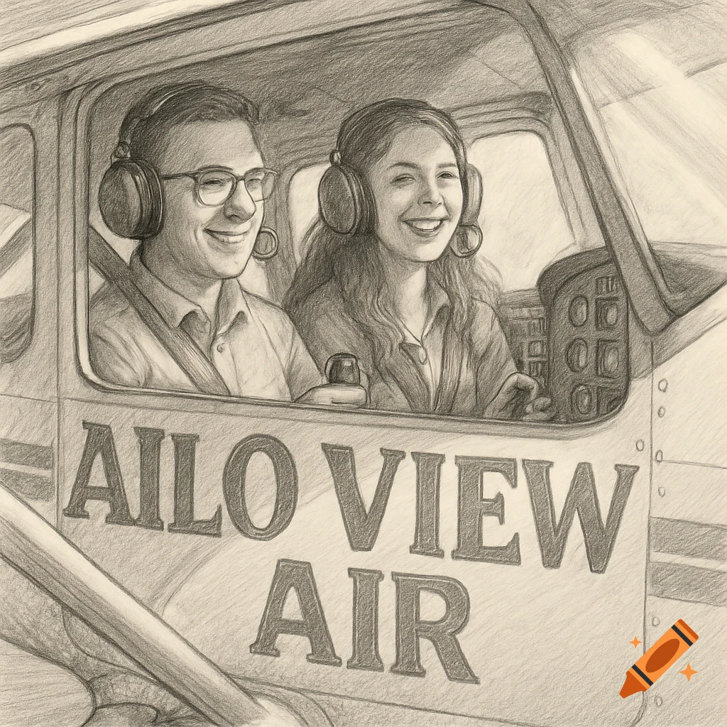 A detailed pencil drawing of a man and a woman in a Cessna 172, both smiling and wearing headsets. The plane's side reads "Ailo View Air".