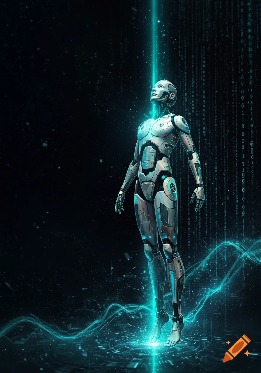 A glowing, silver-plated android with blue energy floats amidst falling binary code and electric arcs on a dark, futuristic background.