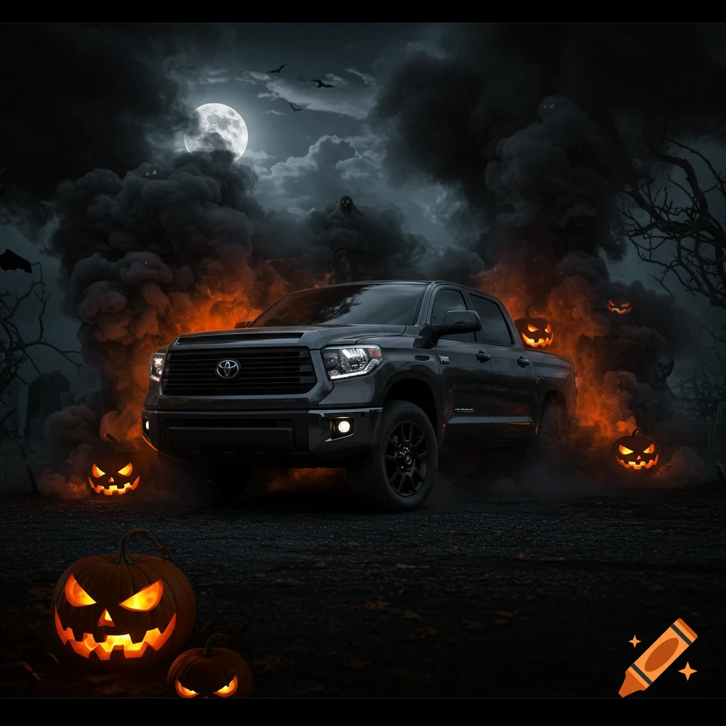 A dark gray Toyota Tundra truck surrounded by glowing jack-o'-lanterns and black smoke under a full moon and eerie clouds in a Halloween-themed night scene.
