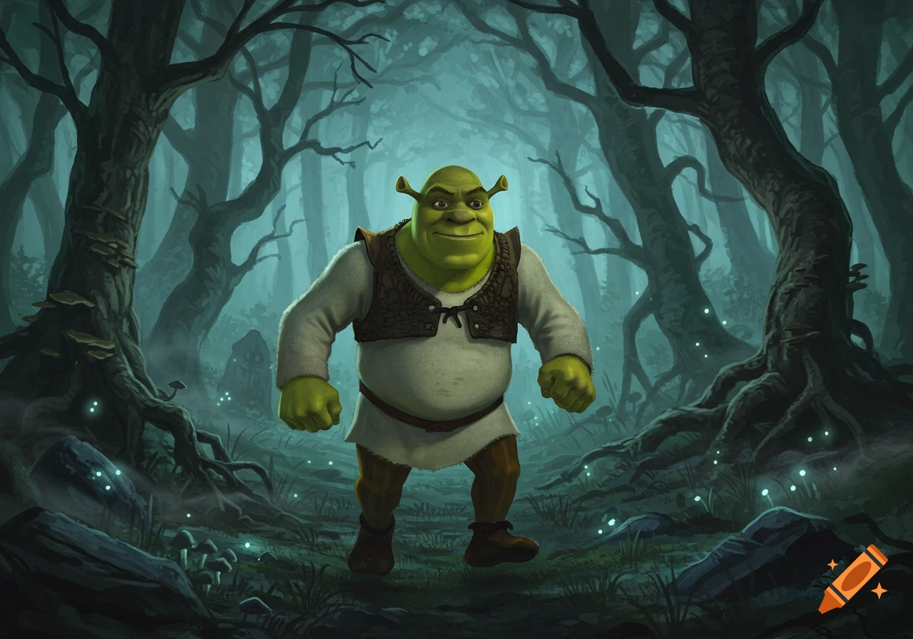 Shrek, the green ogre, stands smiling in a moody, dark, misty forest, illuminated by subtle glowing lights.