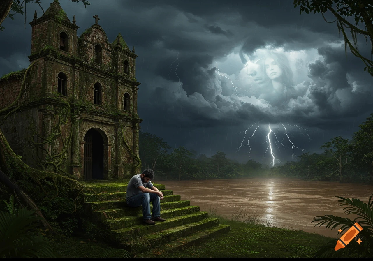 A man sits sadly on mossy steps of a crumbling jungle church by a stormy river with lightning, and faces in the clouds.