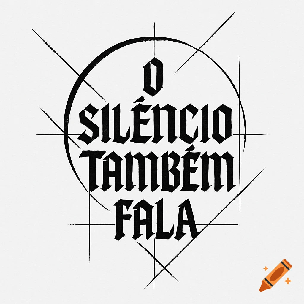 Black gothic text "O SILÊNCIO TAMBÉM FALA" inside a black circle with radiating abstract lines on a white background.