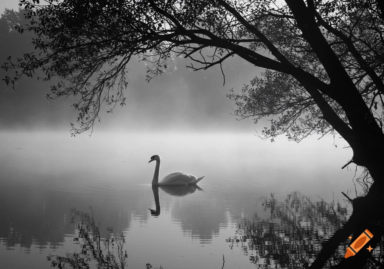 A solitary swan floats calmly on a misty black and white lake, with dark tree branches overhanging.