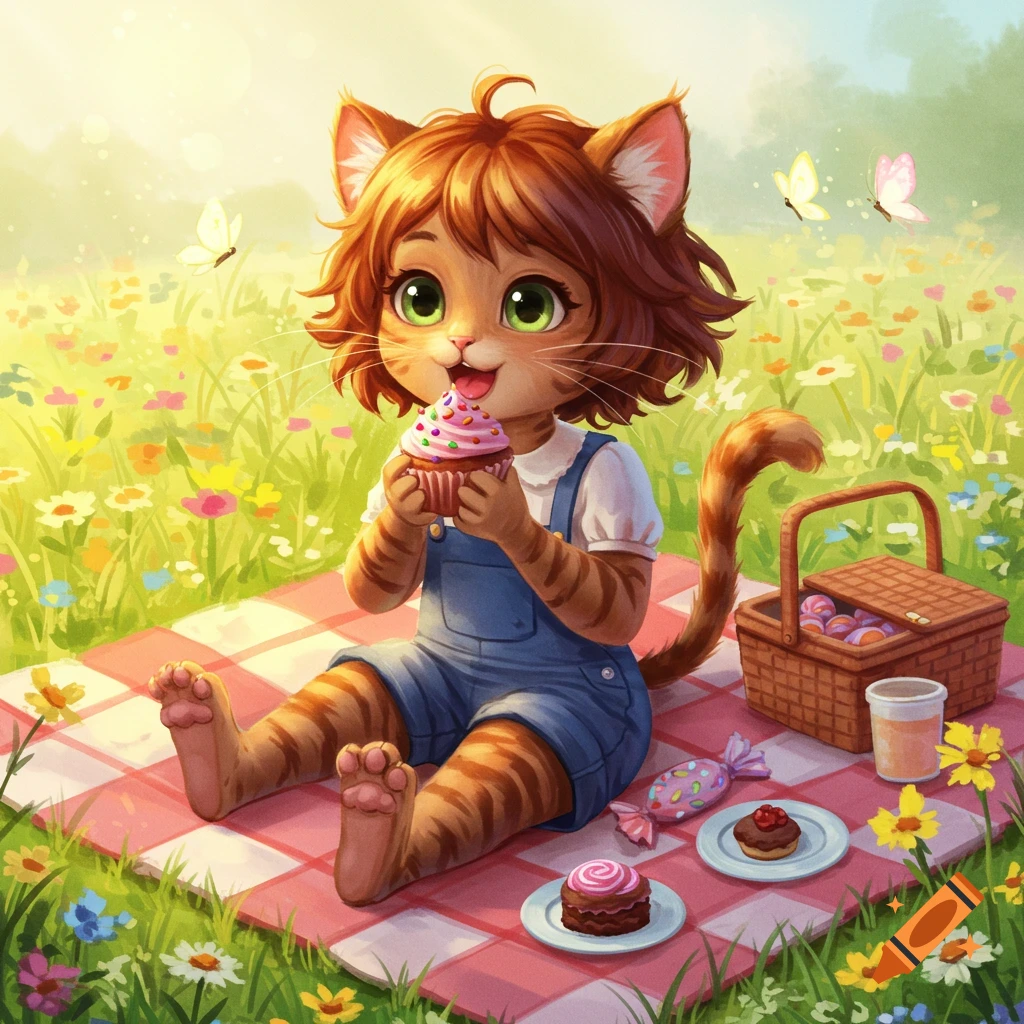 A cute anthropomorphic cat girl with orange fur and green eyes sits on a picnic blanket in a sunny flower field, eating a cupcake.