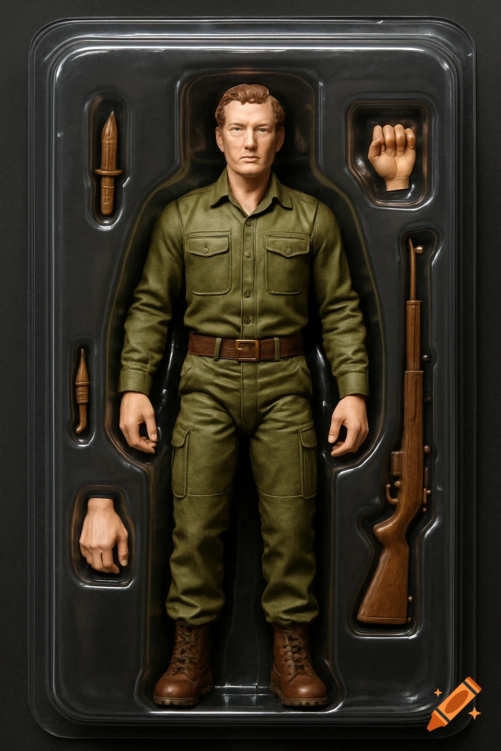 Photorealistic action figure of a soldier in a green uniform, packaged with a knife, rifle, and interchangeable hands.