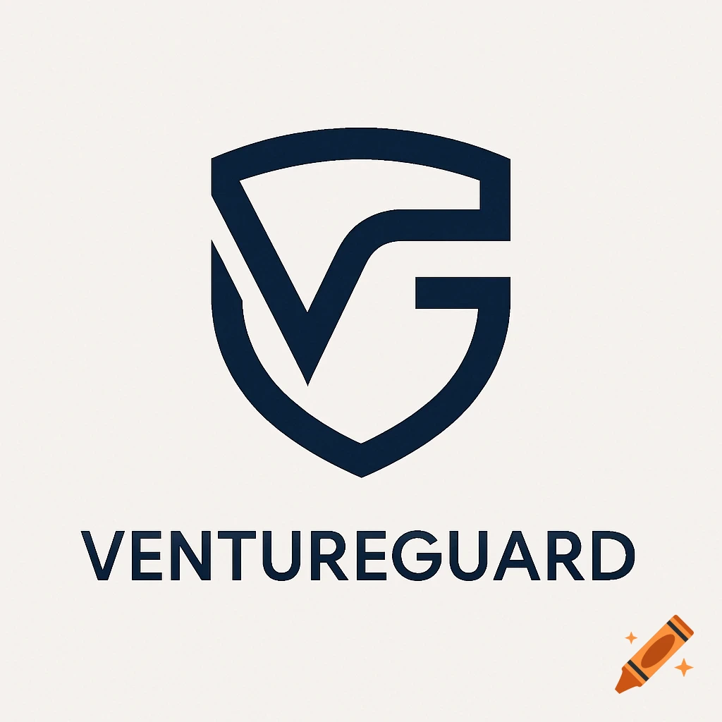 Dark blue abstract 'VG' monogram shield logo with 'VENTUREGUARD' text below on a light background.