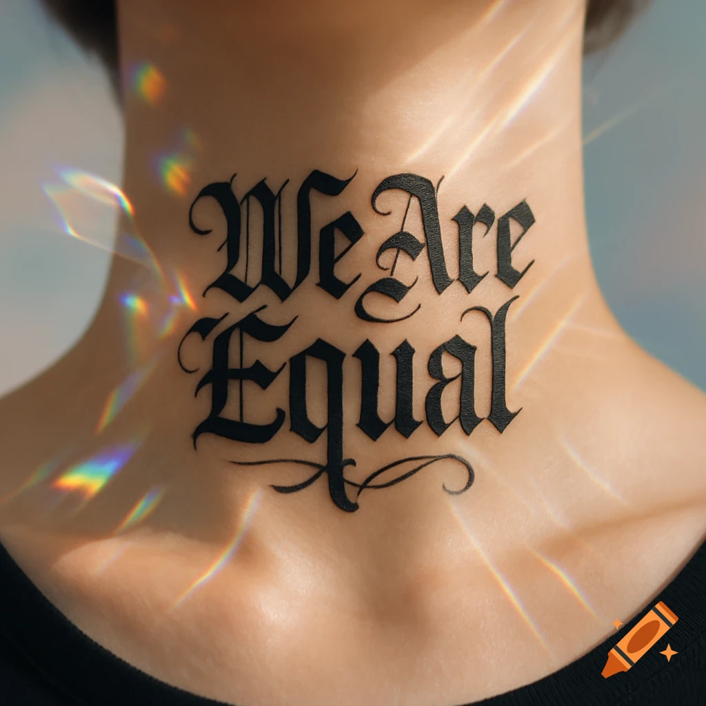 Close-up of a person's neck with a black tattoo in Gothic script reading "We Are Equal", illuminated by rainbow light flares.