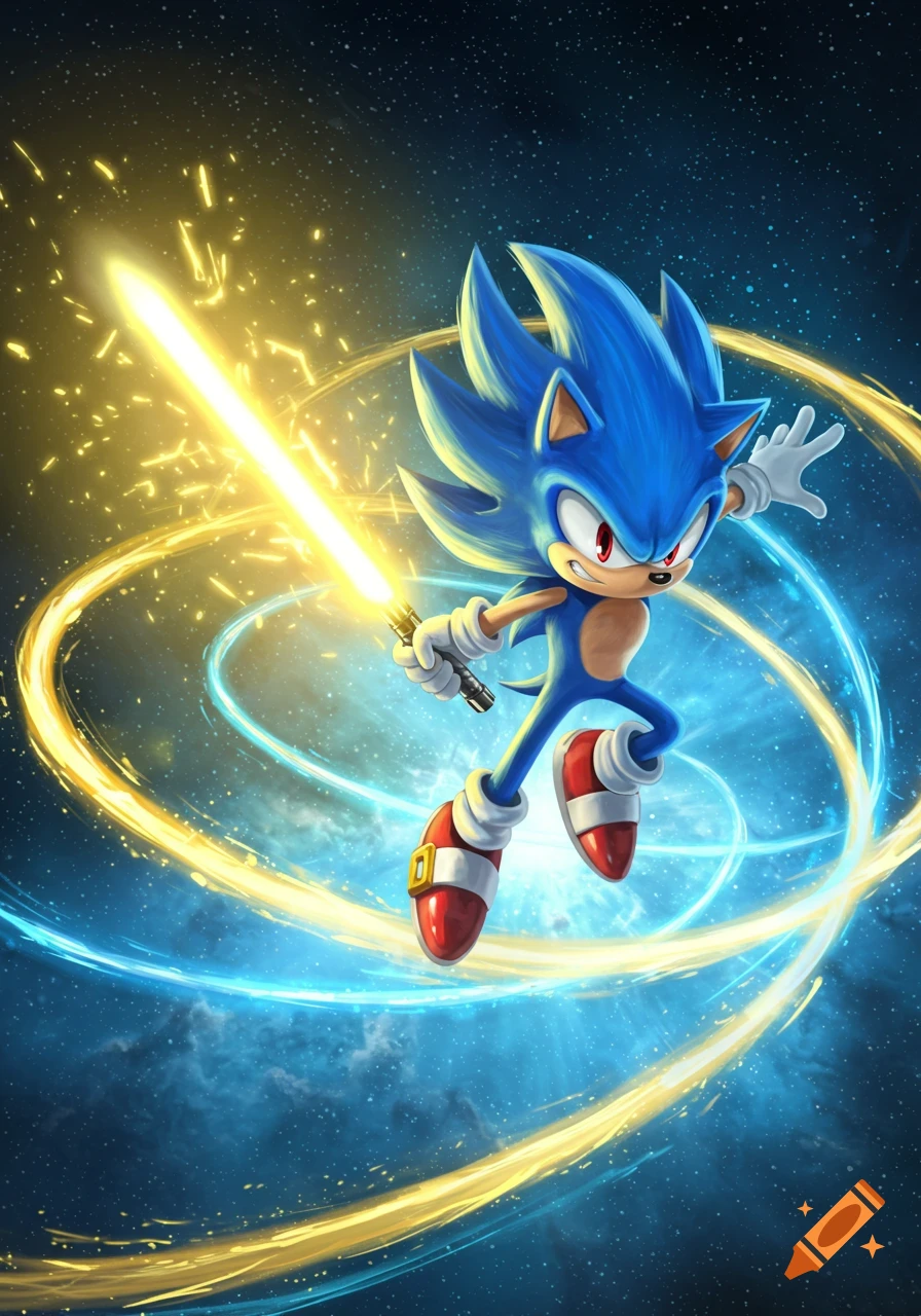 Vibrant digital art of Sonic the Hedgehog holding a glowing yellow lightsaber, surrounded by blue and yellow energy trails against a starry cosmic background.