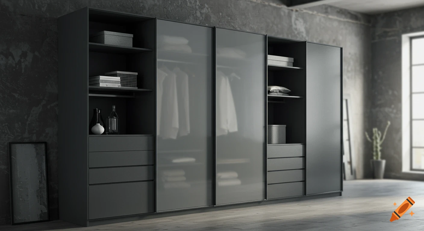 A modern dark grey wardrobe with frosted sliding doors and open shelving in a minimalist room with a concrete wall and large window.