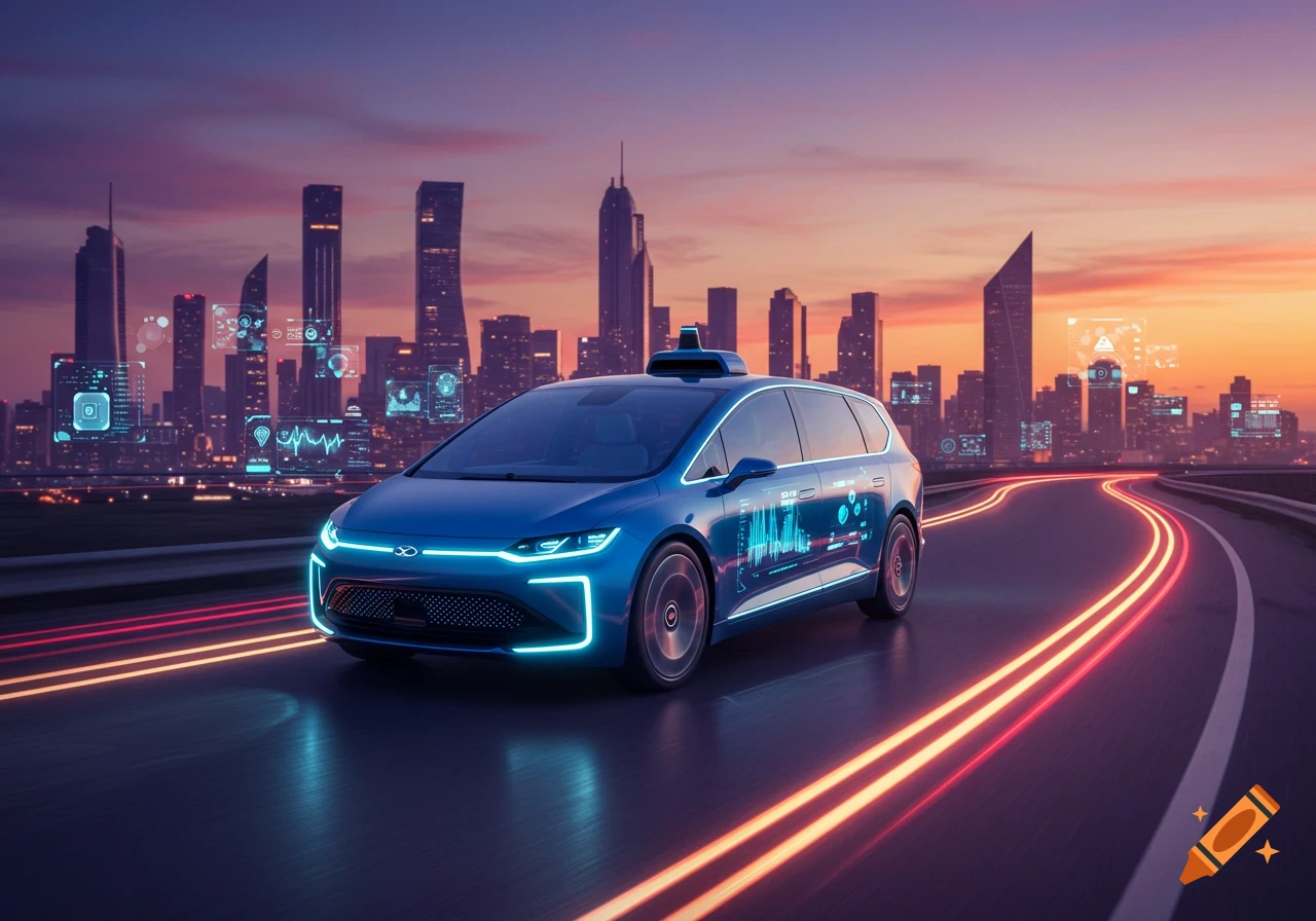 A sleek blue autonomous car with glowing accents drives on a highway at sunset, with a futuristic cityscape in the background displaying holographic data.