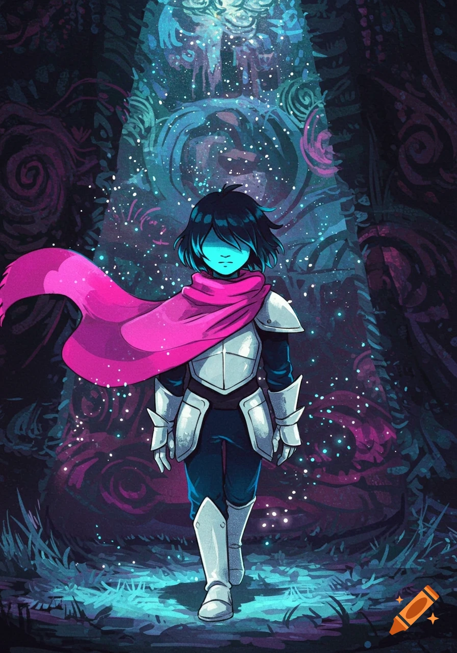 Kris from Deltarune in armor and a pink cape walks through a sparkling, dark, mystical forest in a stylized illustration.