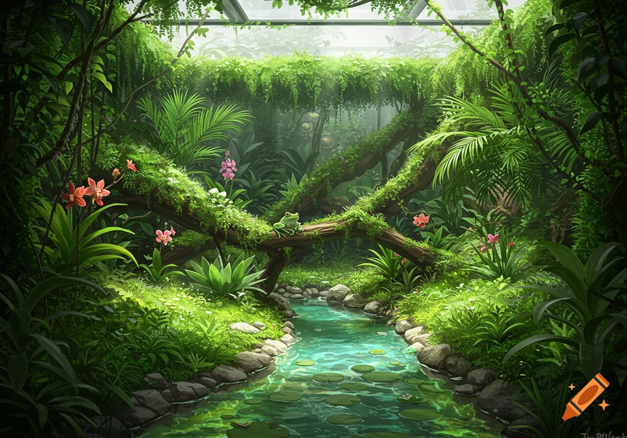 A vibrant green vivarium with a clear stream, moss-covered logs, diverse plants, pink and red orchids, and a small frog.