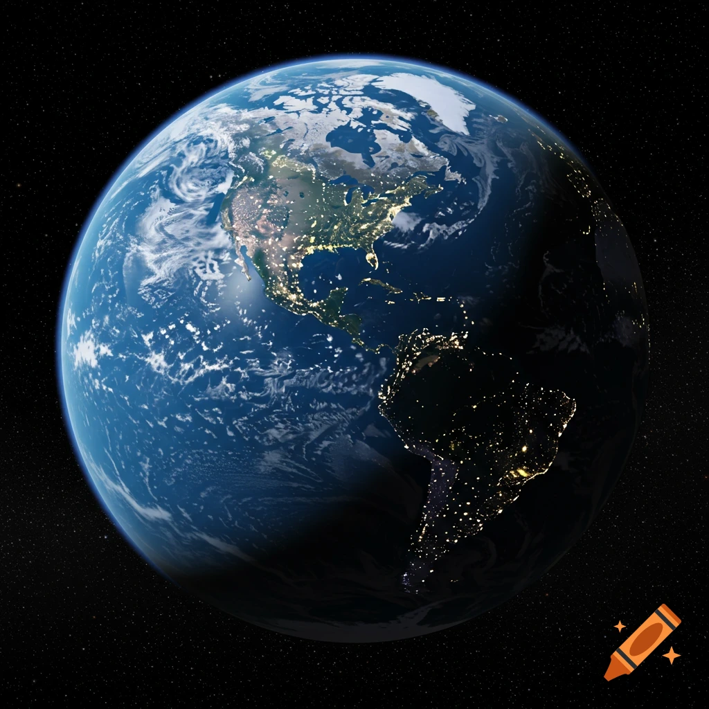 A photorealistic view of Earth from space, showing North and South America with visible city lights against a starry background.