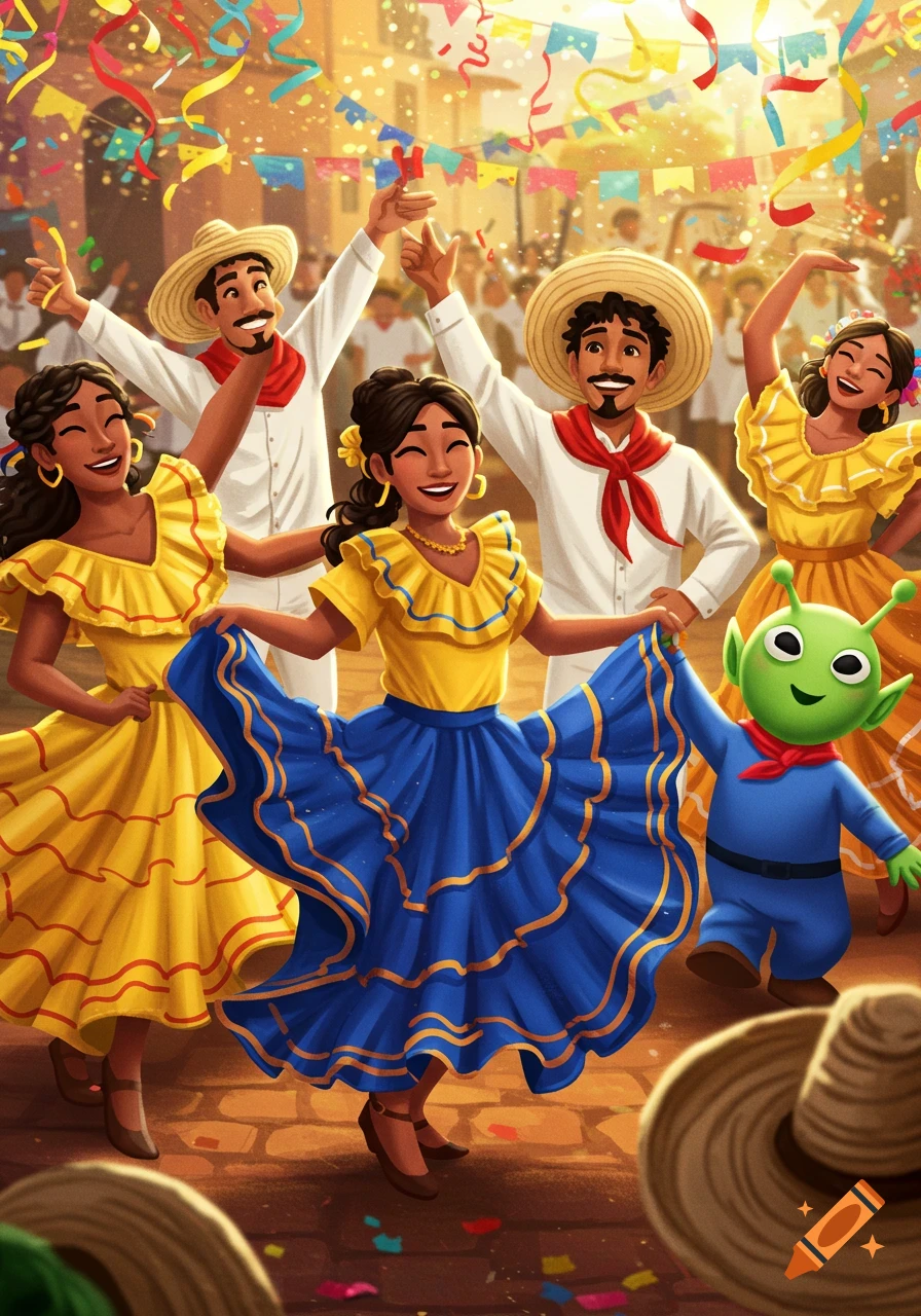 Vibrant illustration of people and a green alien dancing Colombian cumbia in a festive street with confetti and banners.