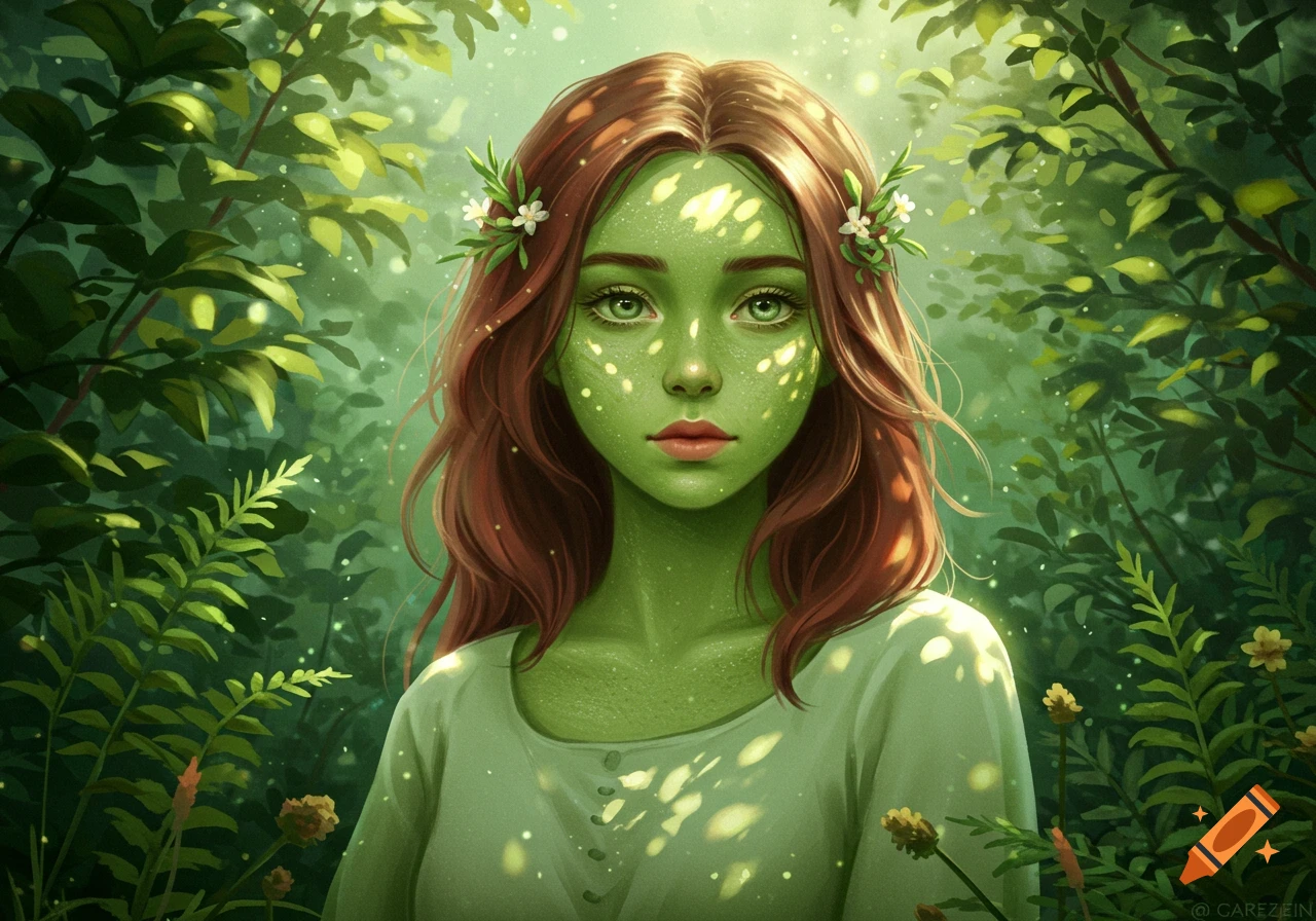 A vibrant illustration of a green-skinned woman with red hair and flowers in her hair, bathed in sunlight in a lush forest.