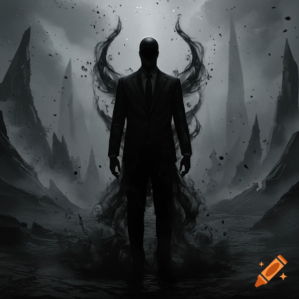 A faceless villain in a black suit with a smoky black aura stands in a desolate, rocky landscape under a dark sky, in a monochromatic style.