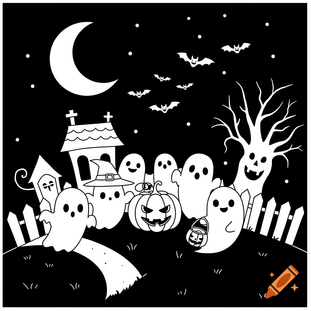 A black and white children's illustration of a Halloween night scene with cute ghosts, bats, a jack-o'-lantern, and a spooky tree.