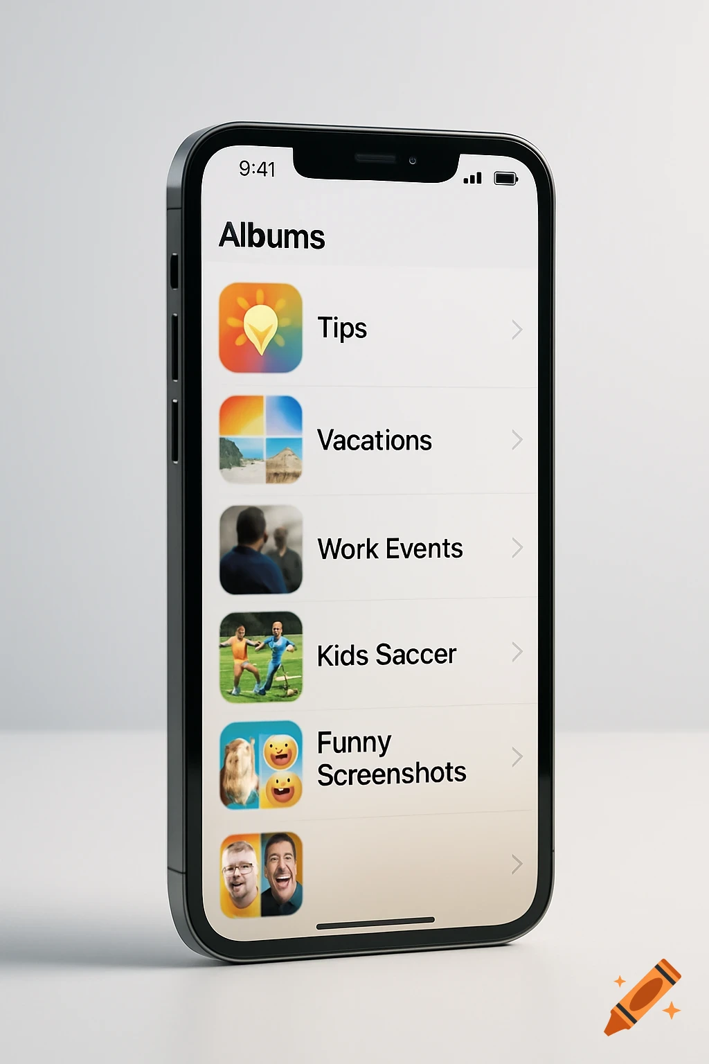 A smartphone screen displaying an "Albums" page with categories like Tips, Vacations, Work Events, Kids Soccer, and Funny Screenshots.