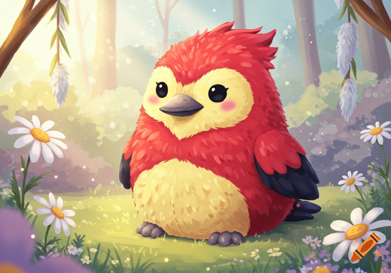 A fluffy red and yellow cartoon bird with rosy cheeks sits in a whimsical, sunlit forest surrounded by white daisies.
