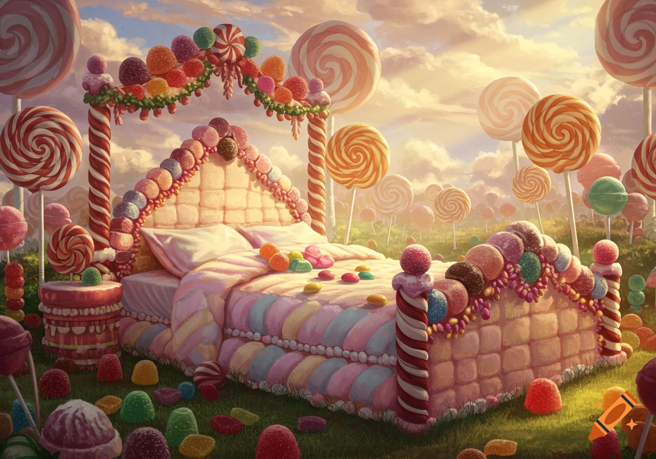 A fantastical landscape with a bed made of candy in a field of giant lollipops and gumdrops under a warm, cloudy sky.