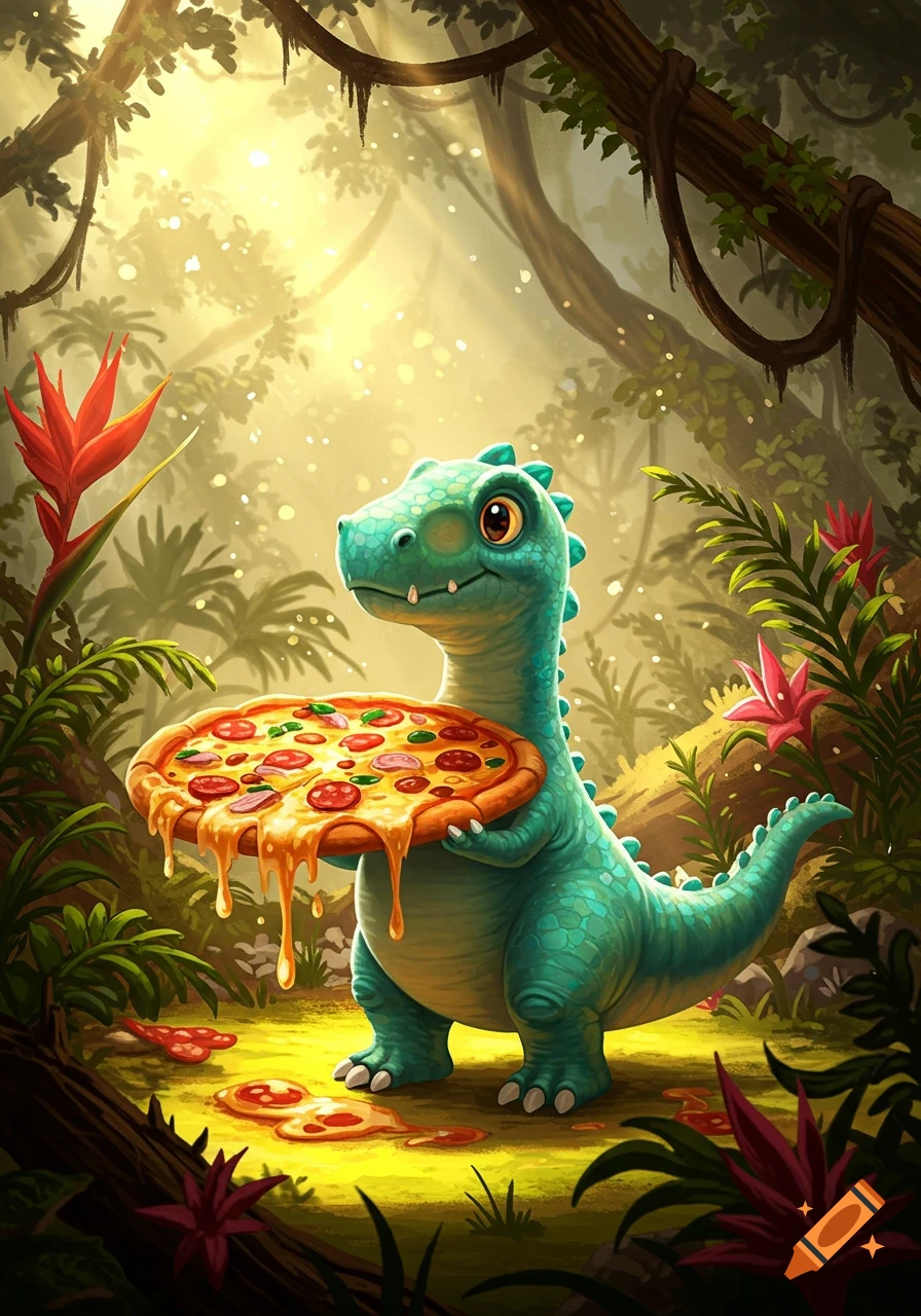 A cute, cartoonish green dinosaur with large eyes holds a cheesy pizza with melting cheese in a sunlit jungle.