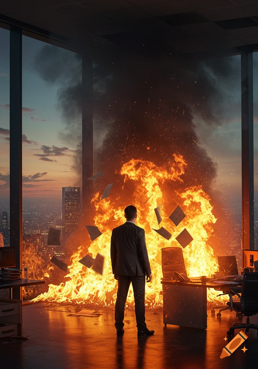 A businessman stands in a burning office, looking out at a city skyline during sunset. Papers fly amidst the flames.
