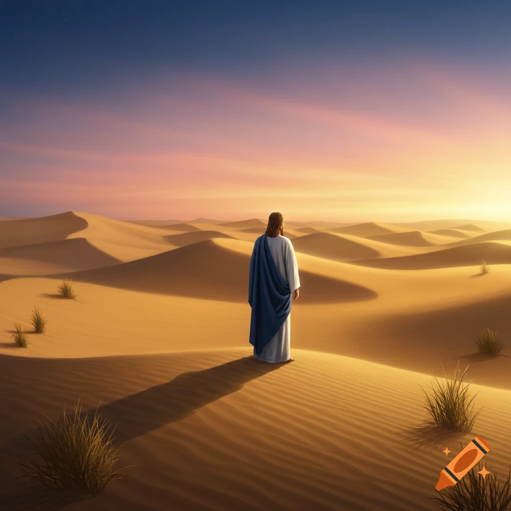 A figure resembling Jesus stands in a vast desert of sand dunes under a sunset sky, viewed from behind.