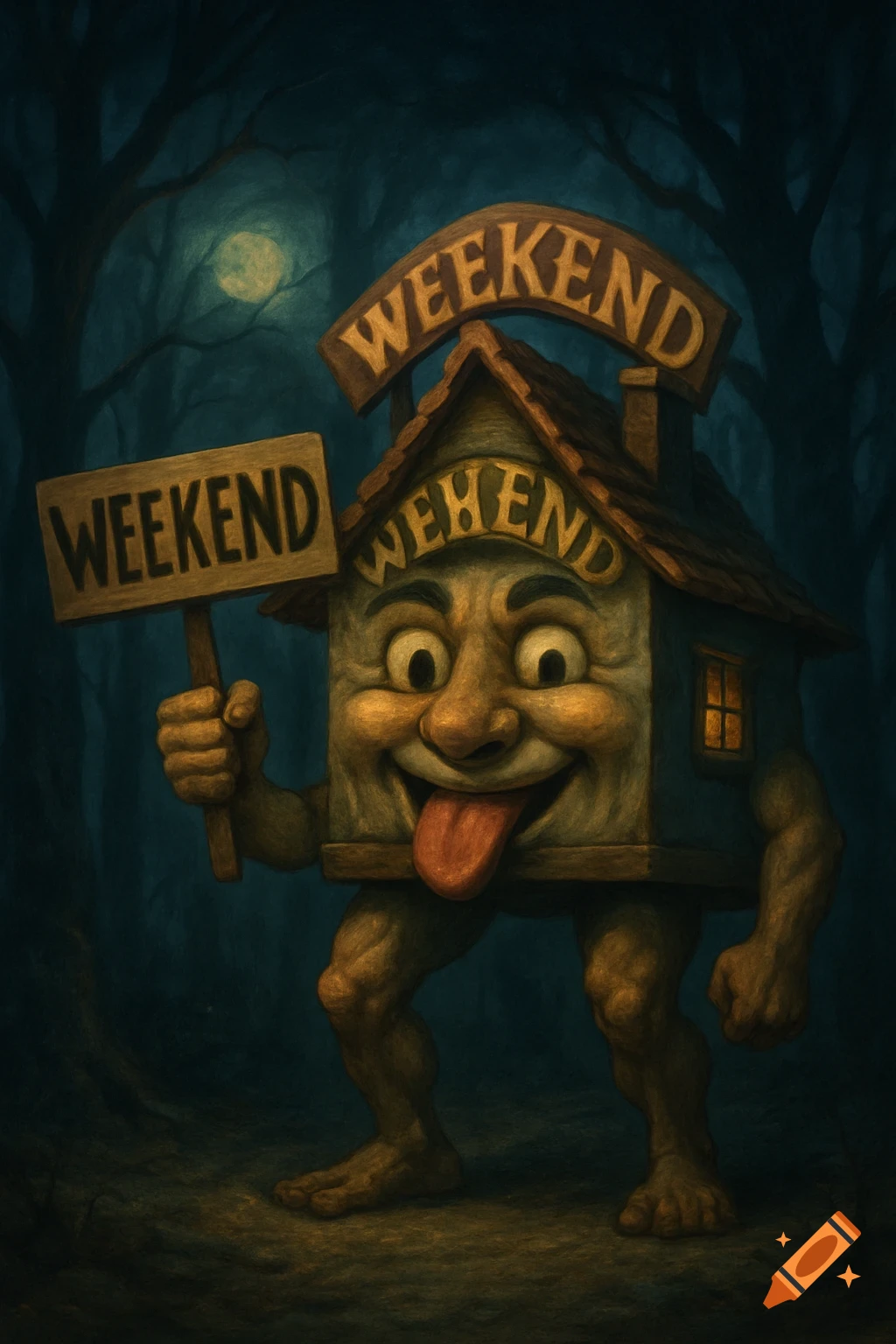 A whimsical house with a human face and muscular legs, tongue out, holding a "WEEKEND" sign in a dark, moonlit forest, in a painterly style.