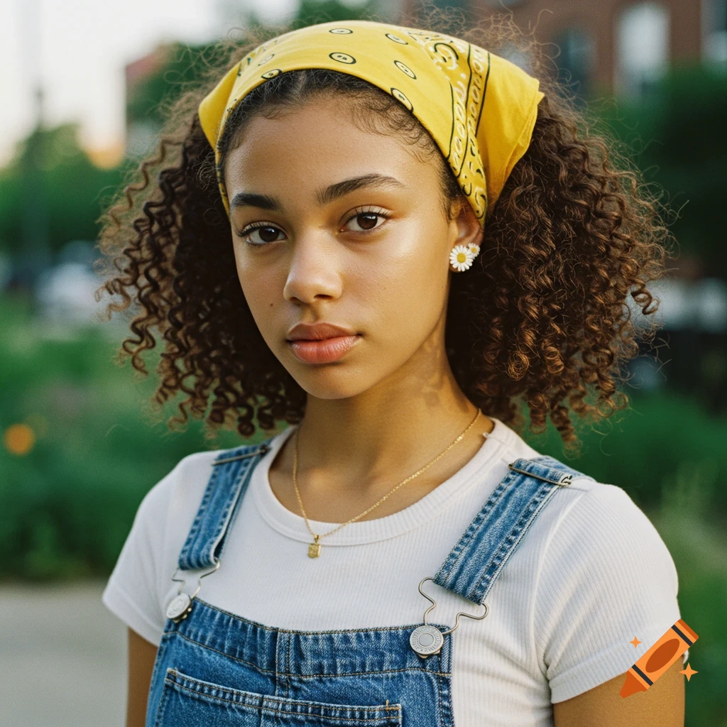 A young woman with curly hair, a yellow bandana, daisy earrings, and denim overalls.