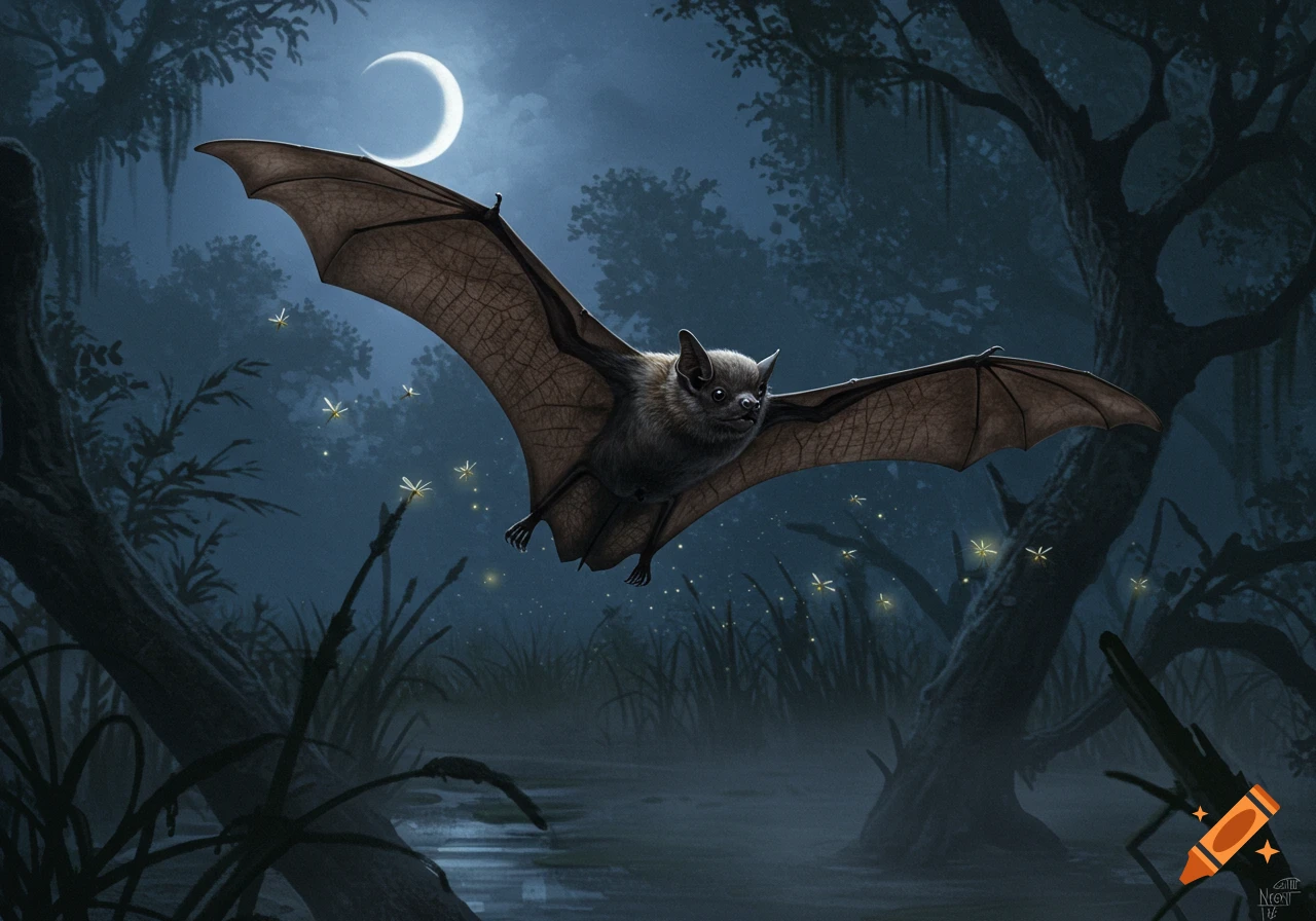 A brown bat flies through a misty swamp at night under a crescent moon with glowing fireflies in a digital painting.