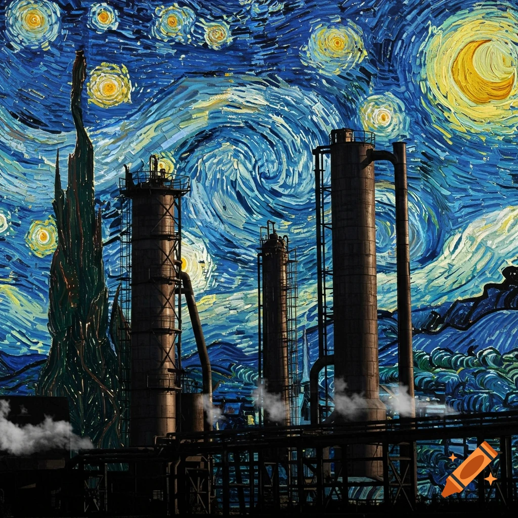 An industrial factory with tall dark towers emitting smoke, silhouetted against a swirling blue and yellow night sky in Van Gogh's Starry Night style.